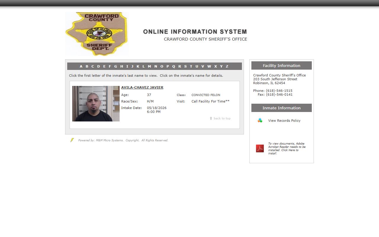 Crawford County inmate records roster card with booking photo and intake fields