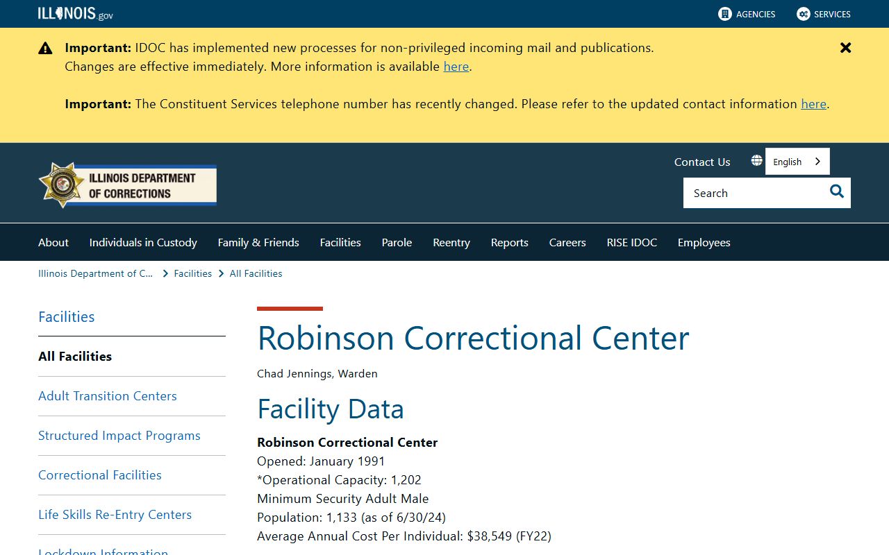 Robinson Correctional Center IDOC facility page for state prison inmate lookup